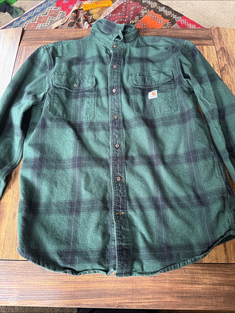 Carhartt Green and Black Plaid Button-Down Heavy Flannel Shirt - Picture 1 of 3